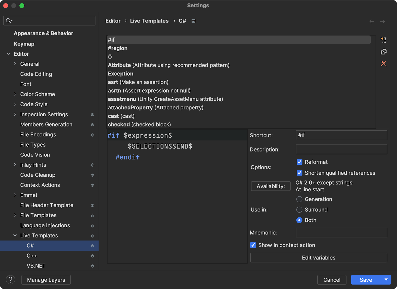 JetBrains Rider の Editor（エディター）| Live Templates（ライブテンプレート）| C# 設定